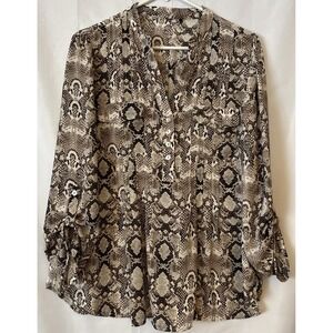 Snakeskin Long Sleeve Blouse V-neckline 1/4 Button Roll Tab Sleeve Tunic Size L